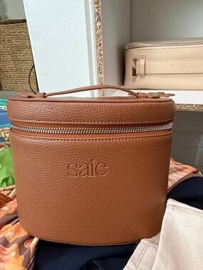 Saie Brown Pebbled Leather Cosmetic Case with Top Handle